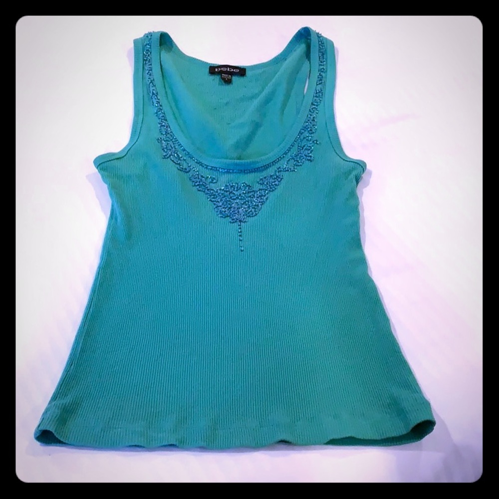 Turquoise beaded BeBe tank. 💚